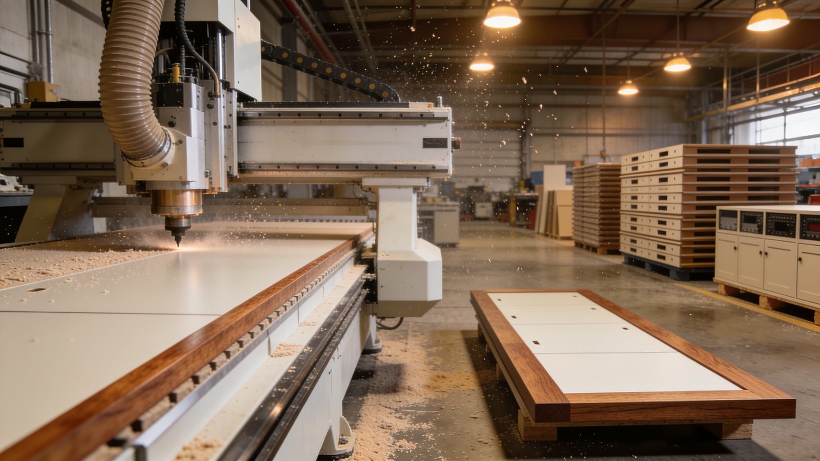 CNC router machining a laminated console panel with hardwood trim in a manufacturing shop
