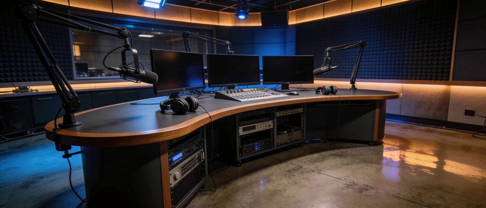 Curved broadcast console with microphones, monitors, and equipment racks in a modern studio
