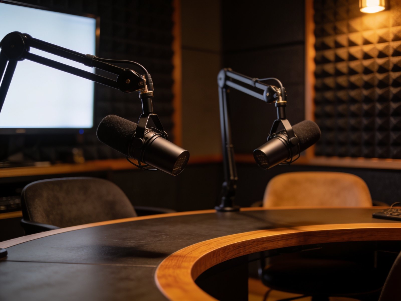 Two broadcast microphones on a curved walnut-trimmed podcast desk