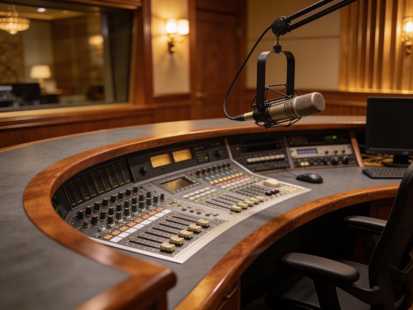 Oak-trimmed Modulux console with mixing board in a warmly lit studio