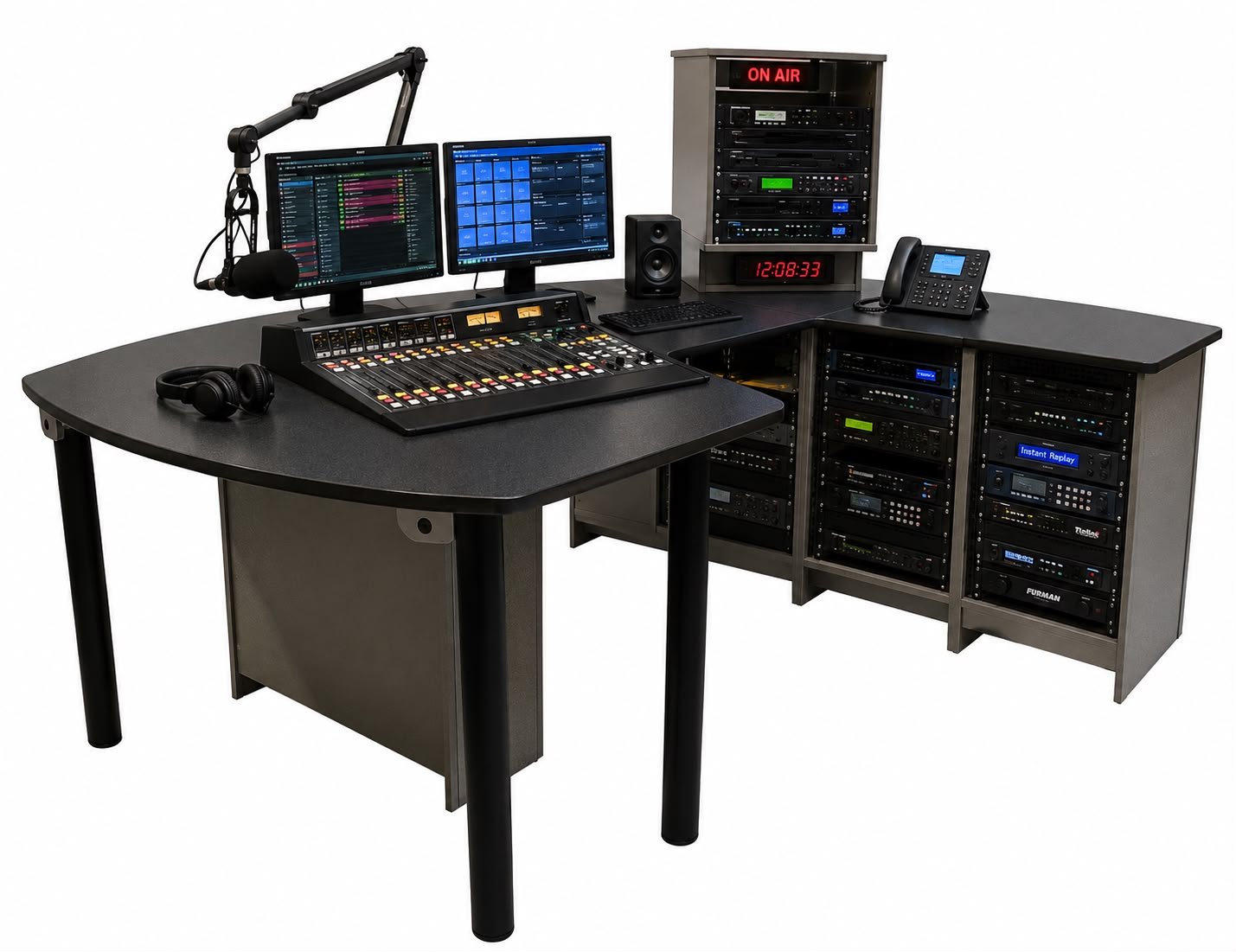 Radius broadcast console fully equipped with mixing console, monitors, microphone, ON AIR light, and rack bays