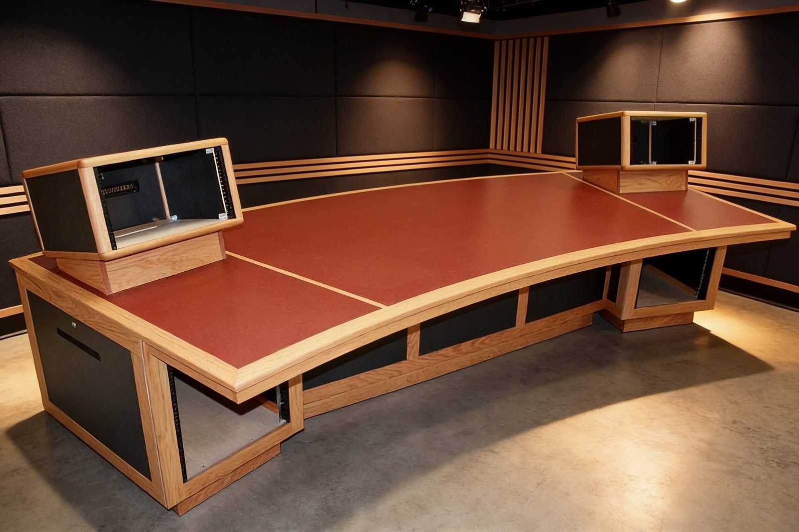 Custom broadcast console with a red laminate top and oak trim