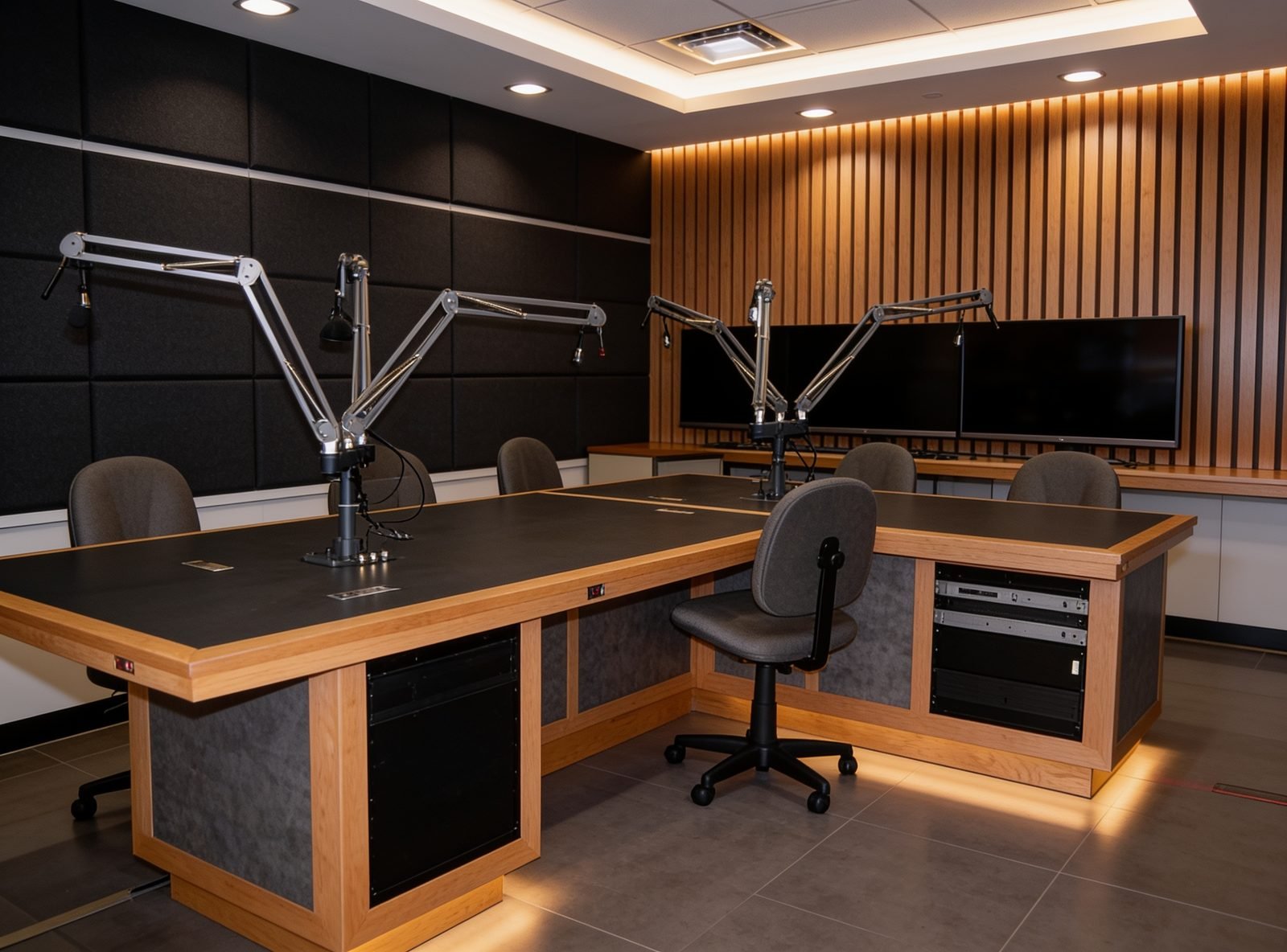 Two-position broadcast desk with mic arms and equipment bays