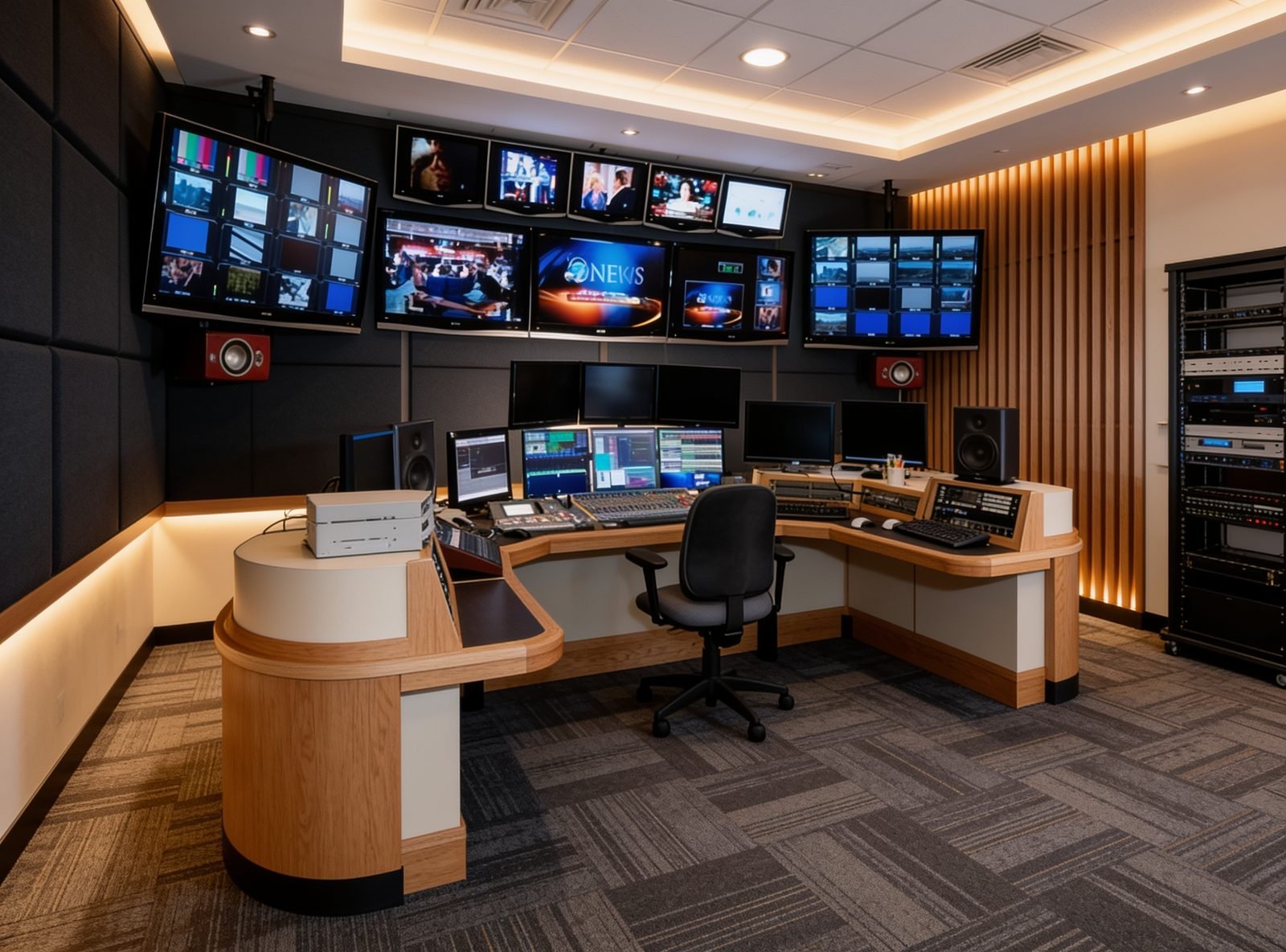 Television master control room built around a Graham console and monitor wall