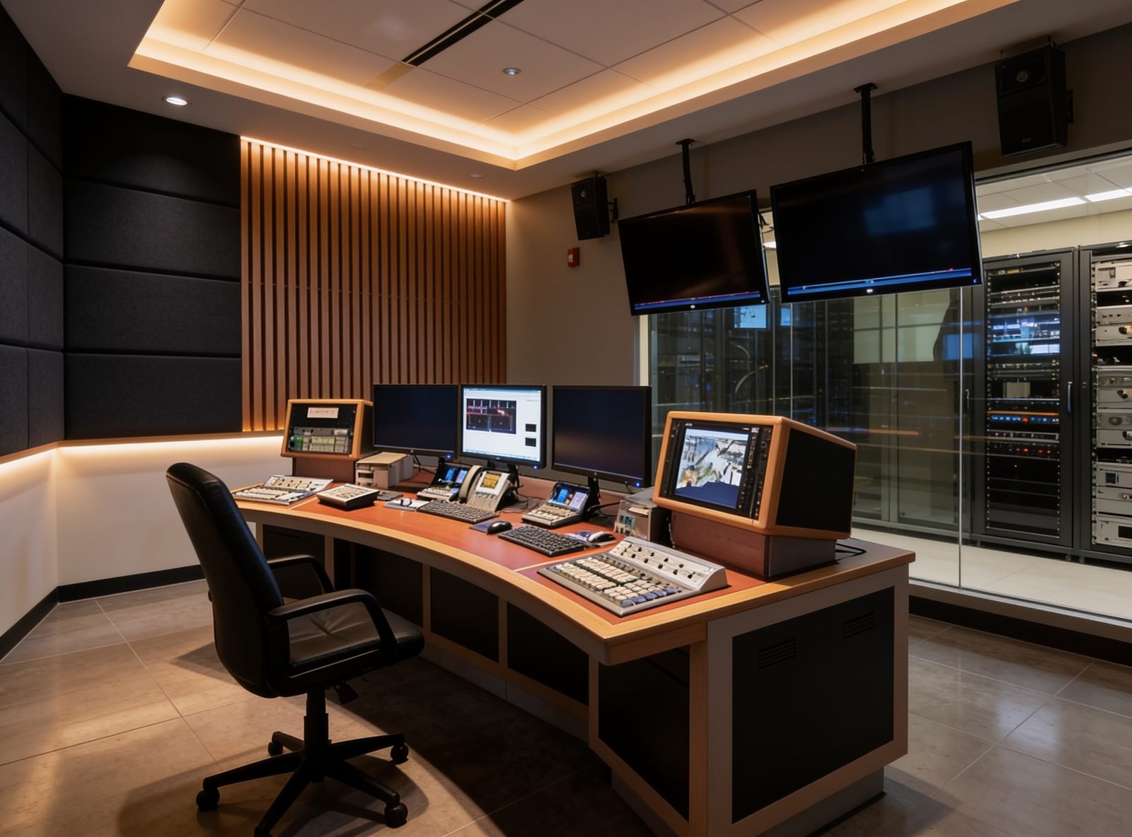 Broadcast control console with monitor bridge and rack bays