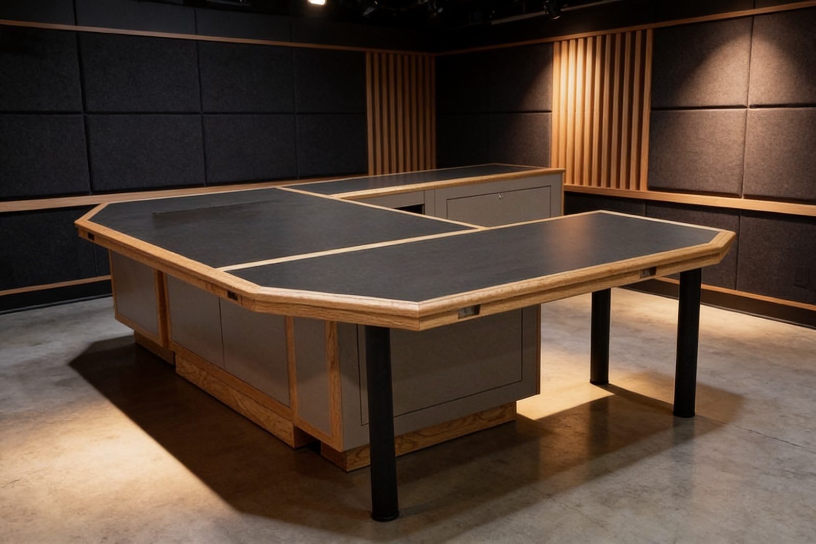 Modulux console with thick oak-trimmed edges and overbridge cabinet