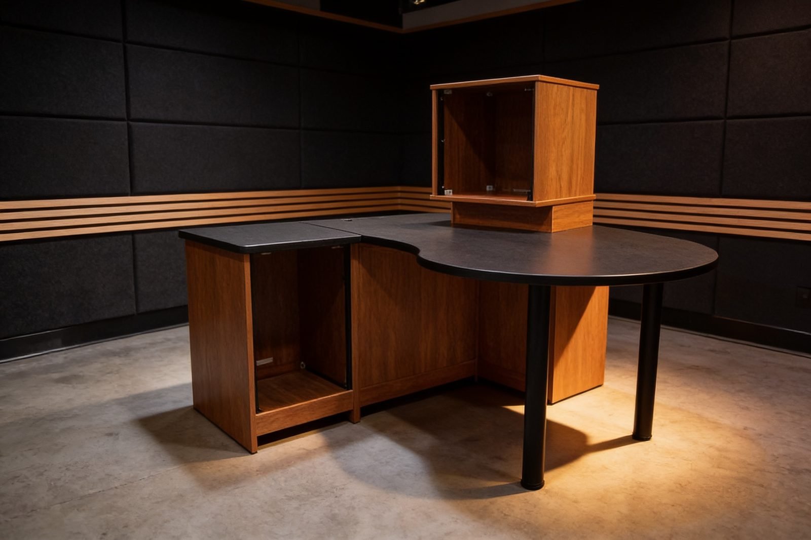 Radio desk with oak trim and overbridge